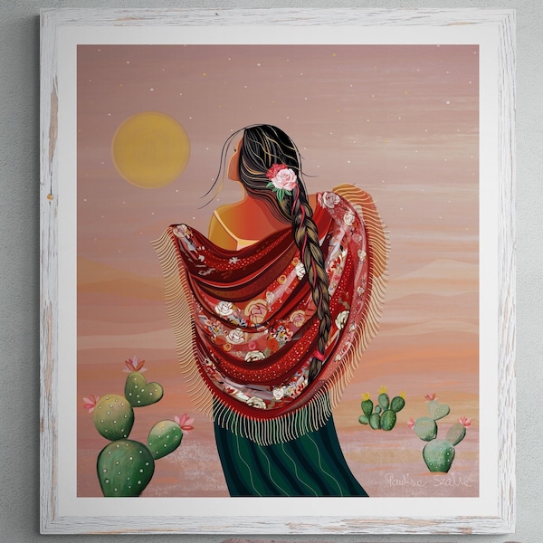 Shine bright with beautiful intentions- mexico latin spanish girl with flower shawl,Nature Inspired Home Wall Decor, Blushing Desert