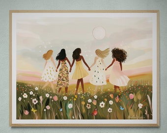 Freundesgruppe im Feld der Wildblumen, Freundschaftskunst|Blumenfeldkunst, Frauenporträt|Vielfalt Kunstdruck|Frauengruppe|Illustration Boho-Kunstwerk
