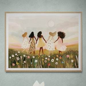 Friend Group in field of wildflowers,friendship art|flower field art,women portrait|diversity Art print|womenGroup|Illustration boho artwork