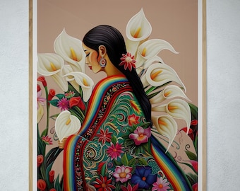 May include: A colourful painting of a woman wearing a traditional Mexican dress with a rainbow shawl. She is surrounded by white calla lilies and other flowers. The painting is signed "Paulina Estrella".