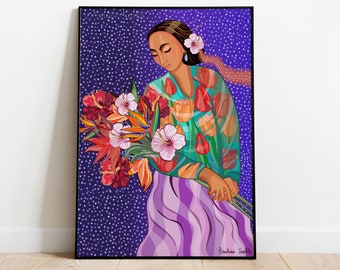 Flower pollen - mexico latin spanish girl with flower portrait wall art decor, boho woman trendy poster bedroom, Aesthetic Home Decor
