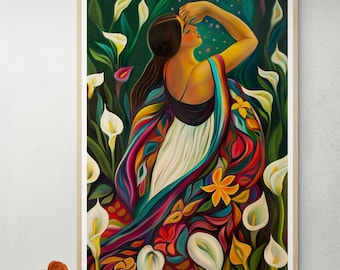 In the garden of Calla Lilies, Mexican Art Guatemalan El Salvador Latin woman & Calla Lilly American Diego Rivera Style Art Print Alcatraces