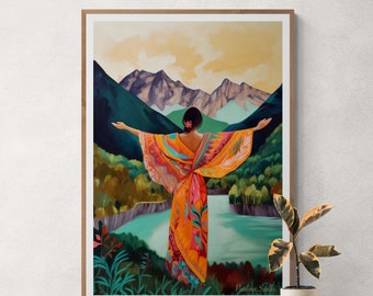 Umarme die Welt, Erdmutter, Mutter Natur, Kunstdruck mit Naturillustration einer Frau, Wanddekoration, Erdgöttin, Liebe zum grünen Planeten und zur Umwelt