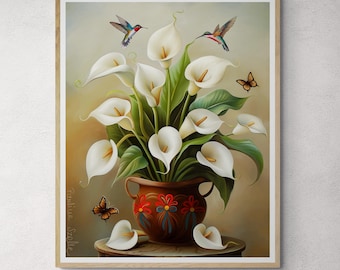 Alcatraces Calla Lilies and Hummingbirds Art Print, Mexican Wall Art, Guatemala Folk Art, Los Alcatraces Decor, Colorful Floral Kitchen Art