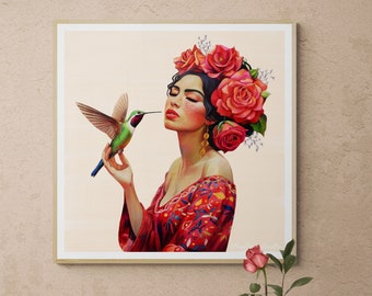 Könnte beinhalten: Eine Frau mit einer Krone aus roten Rosen und einem Kolibri, der auf ihrem Finger sitzt. Sie trägt ein rotes Kleid mit Blumenstickerei. Der Hintergrund ist hellbeige.