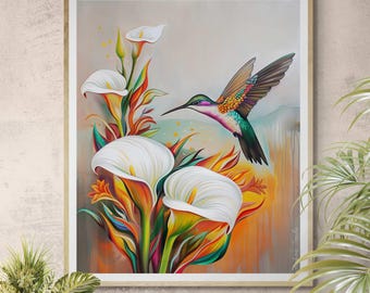 May include: A framed art print depicting a hummingbird and calla lilies. The artwork features a colourful palette of greens, oranges, and yellows, with a neutral background. The hummingbird has iridescent feathers and is near white calla lilies.