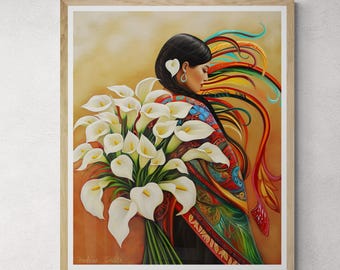 Women with Calla Lilies/ El Salvador/ Guatemala /Oaxaca Arte / Mexican Art /Calla Lily Vendor Print, Latin American Boho Diego Rivera Style