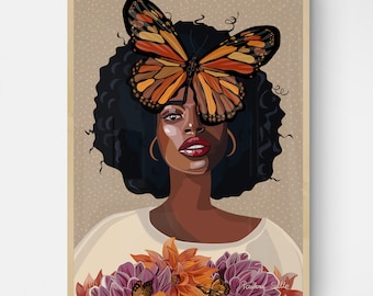 Svart kvinnakonst, digitala nedladdningar, svart konst, fjärilskvinnaposter, kvinnlig porträttkonst, modern väggkonst, modeblomkonst boho väggkonst