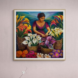 Calla Lilly Flower Vendor Print Premium Art El Salvador Mexican Latin American Boho Diego Rivera Style Art,Market Mexico Guatemala Art Gift