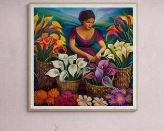 Calla Lilly Flower Vendor Print Premium Art El Salvador Mexican Latin American Boho Diego Rivera Style Art,Market Mexico Guatemala Art Gift
