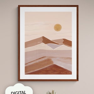 Puede incluir: Descarga digital de una impresión de paisaje abstracto minimalista con un sol, montañas y una escena de desierto en tonos marrones, beige y rosa. La impresión tiene el texto "Pastine Selle" en la esquina inferior derecha.