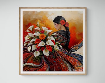 May include: A painting of a woman in a colourful dress holding a bouquet of white and orange calla lilies. The background is a warm orange and red.