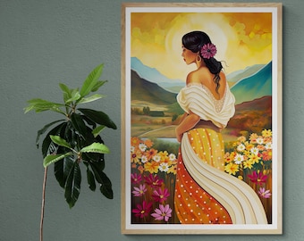 May include: A painting of a woman in a white and yellow dress standing in a field of flowers. The woman is looking to the side and has her hair pulled back. The background is a landscape with mountains and a sunset.