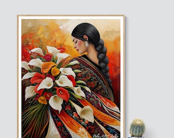 May include: A painting of a woman with long black hair wearing a colorful shawl and holding a bouquet of white and orange flowers. The background is a warm orange and yellow.