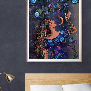 May include: A digital illustration of a woman with long brown hair wearing a blue dress with floral embroidery. She is reaching up towards a crescent moon with a floral vine. The background is a dark blue with stars.