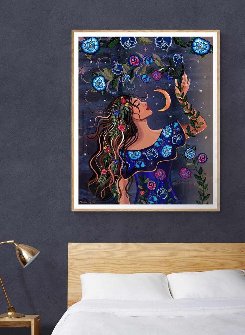 May include: A digital illustration of a woman with long brown hair wearing a blue dress with floral embroidery. She is reaching up towards a crescent moon with a floral vine. The background is a dark blue with stars.