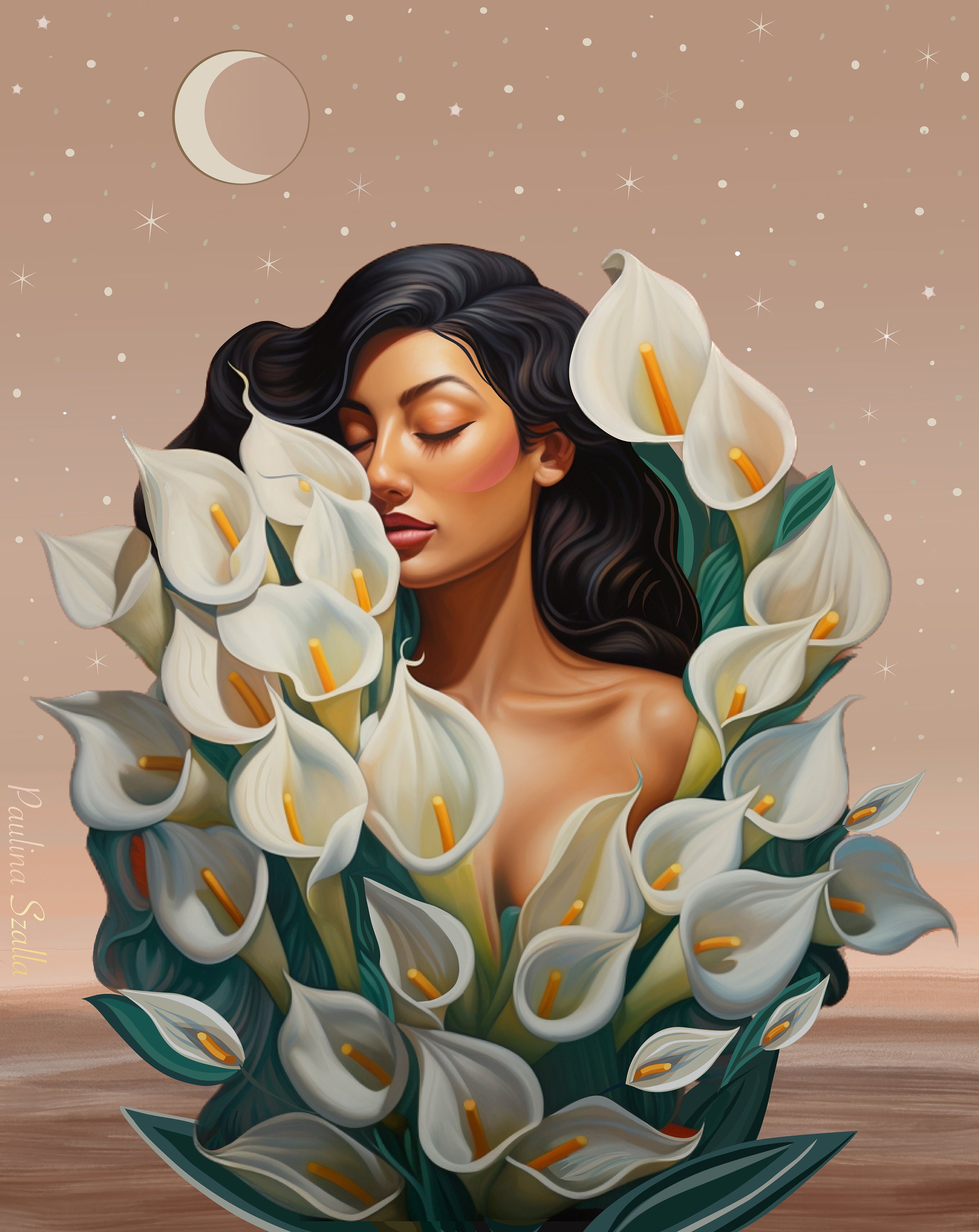 Calla Lily Portrait, Latin American Boho Woman Art, Alcatraces