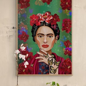 May include: A digital painting of Frida Kahlo with a floral crown and butterflies on her hand. The background is a green and red floral pattern.