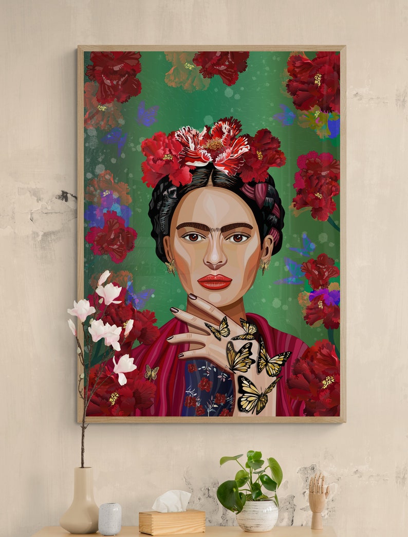 May include: A digital painting of Frida Kahlo with a floral crown and butterflies on her hand. The background is a green and red floral pattern.