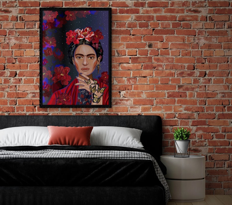 May include: A framed illustration of a woman with a flower crown and butterflies on her hand. The background is a dark blue with red flowers.