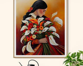 Calla Lilly Flower Vendor Guatemala El Salvador Mexican Guatemalan Mexico Art Latin American Boho Diego Rivera Style Art Print Alcatraces