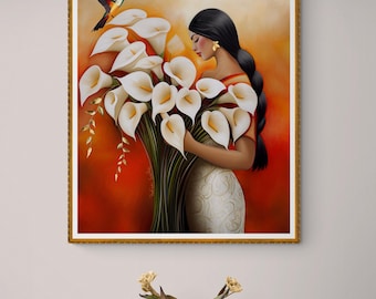 May include: A framed painting shows a woman with long black hair holding a large bouquet of white calla lilies. A hummingbird is in the scene. The woman wears a white dress with gold accents, set against a warm orange and yellow background.