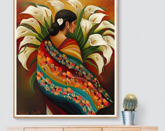 Calla Lilly Flower Vendor- mexico art,El Salvador Mexican Guatemalan El Salvador Latin American Boho Diego Rivera Style Art Print Alcatraces