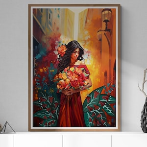 Florist in town |  Mexican Women with flowers Art Woman Wall Art Painting,Mexican Home Decor,Colorful Mexican Print, Latina Art