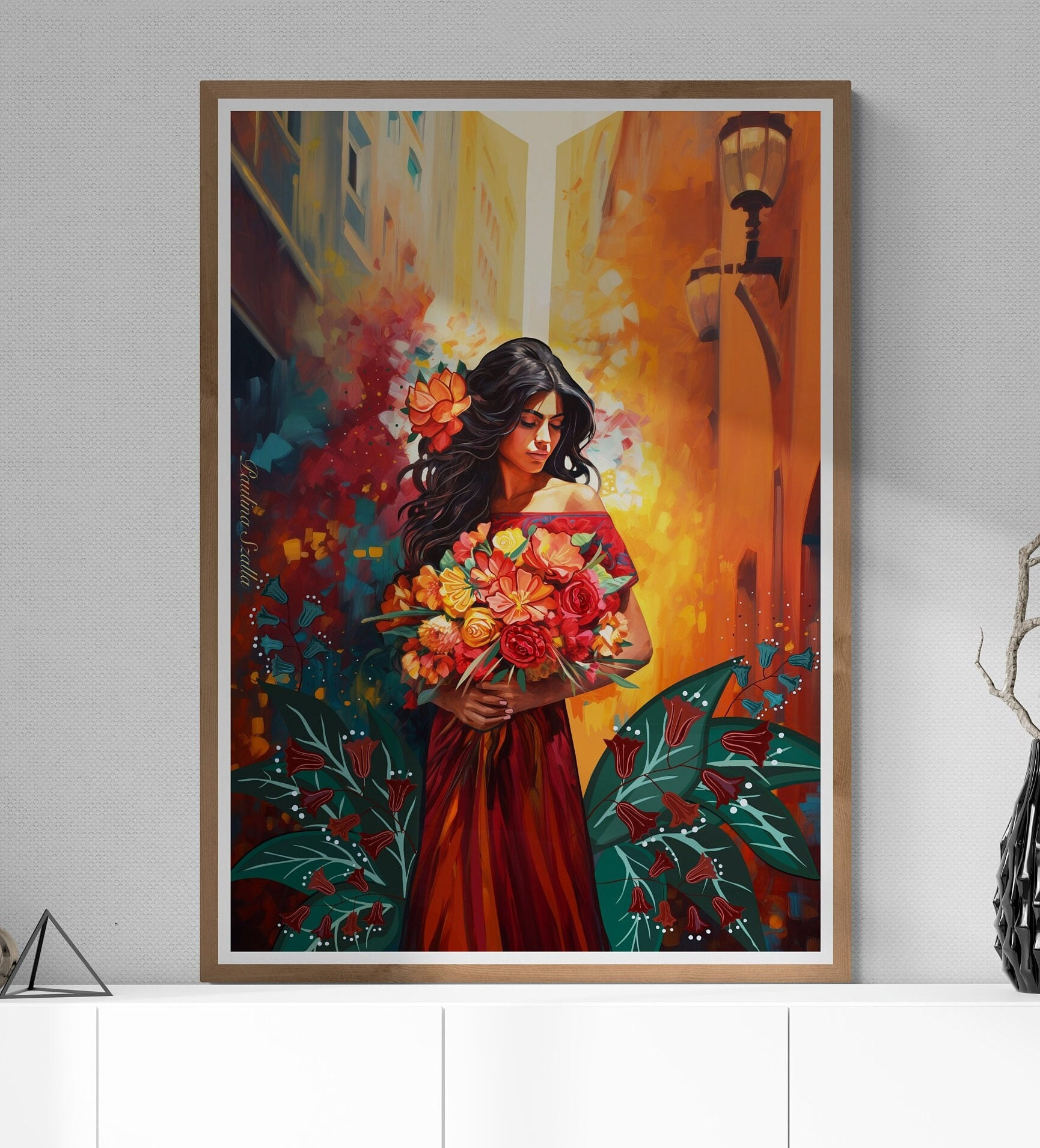 Florista na cidade |  Mulheres mexicanas com flores Arte Mulher Arte de parede Pintura, Decoração mexicana para casa, Impressão mexicana colorida, Arte latina