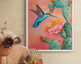 Hummingbird Cactus Heart,Mexican art,Mexican art decor,Latin art, mexican folk art,Nopal art,Desert and Hummingbird Art Print | Nature Art