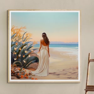 May include: A woman in a white dress walks along a sandy beach with a lush green plant in the foreground. The sky is a soft blue with a hint of pink in the distance. The painting is signed "Pauline Salta".