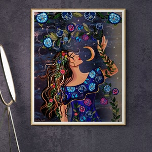 May include: A woman with long brown hair adorned with flowers reaches up towards a crescent moon in a starry night sky. She wears a blue dress with floral embroidery and a floral crown. The artwork is painted in a vibrant style with a whimsical feel.