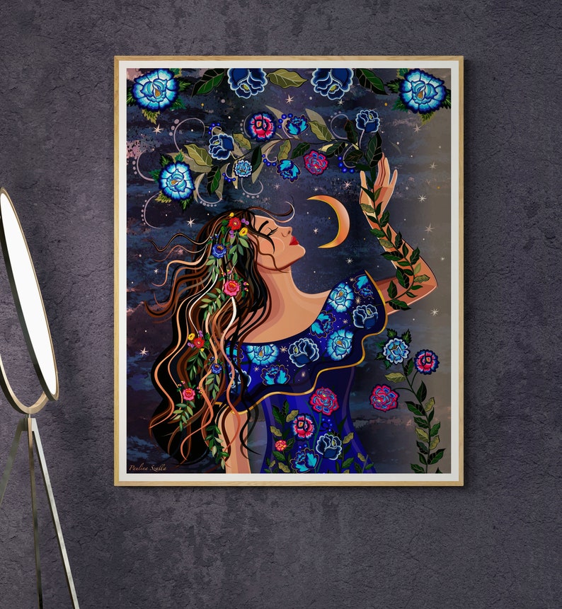 May include: A woman with long brown hair adorned with flowers reaches up towards a crescent moon in a starry night sky. She wears a blue dress with floral embroidery and a floral crown. The artwork is painted in a vibrant style with a whimsical feel.