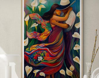 May include: A painting depicting a couple embracing in a field of white calla lilies. The woman is wearing a colourful dress and the man is wearing a white hat and a white shirt. The painting is executed in a vibrant style with bold colours.