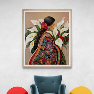 May include: A painting of a woman with long dark hair wearing a colourful embroidered dress and holding a bouquet of white calla lilies.
