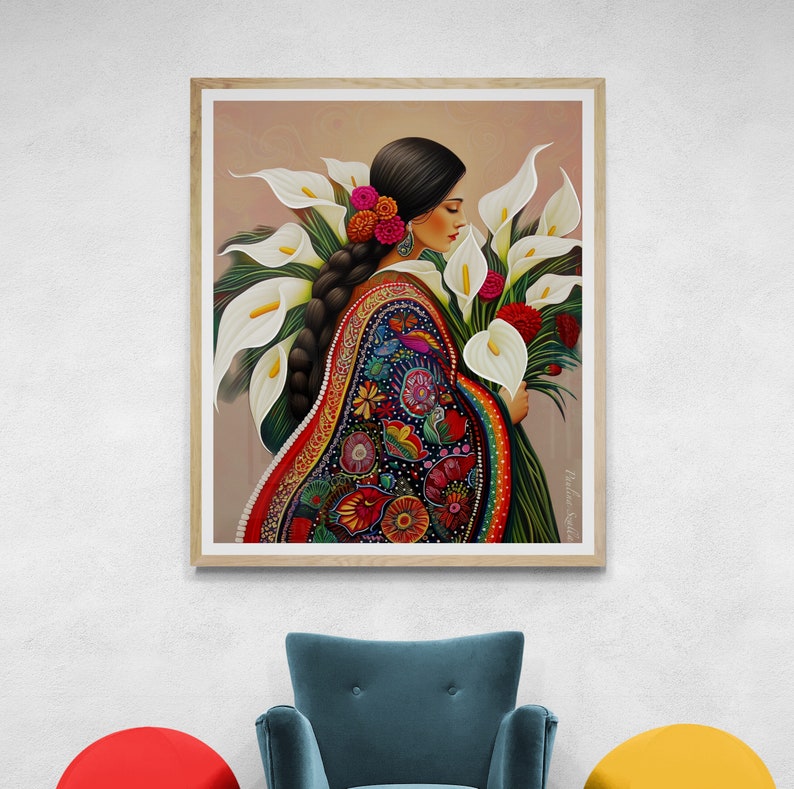 May include: A painting of a woman with long dark hair wearing a colourful embroidered dress and holding a bouquet of white calla lilies.