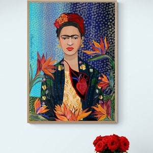 May include: A framed illustration of Frida Kahlo with a red heart and flowers. The text "Frida Kahlo" is written in the upper left corner of the image.