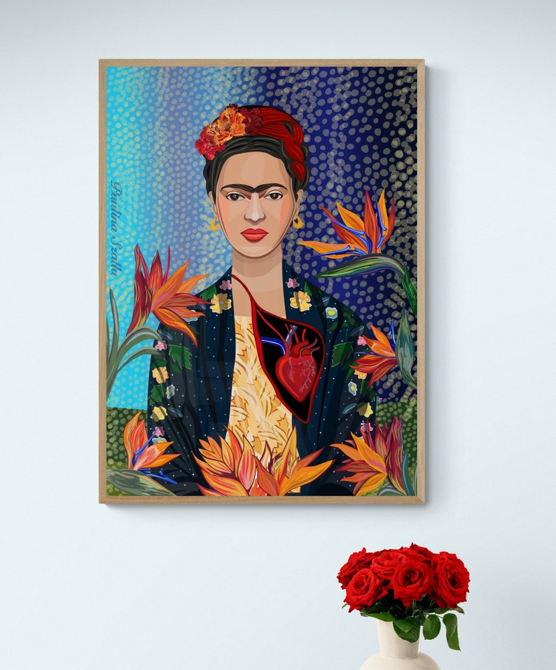 May include: A framed illustration of Frida Kahlo with a red heart and flowers. The text "Frida Kahlo" is written in the upper left corner of the image.