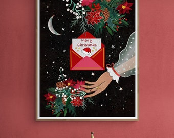 Merry Christmas,Hand art|postcard|Home Decor|Wall Art| Illustration| boho artwork|Christmas prints | Christmas plants art decor|holiday art