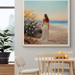 May include: A painting of a woman in a white dress standing on a beach with her back to the viewer. She is looking out at the ocean. There are orange flowers in the foreground and a blue sky in the background. The painting is signed "Pauline Stella".