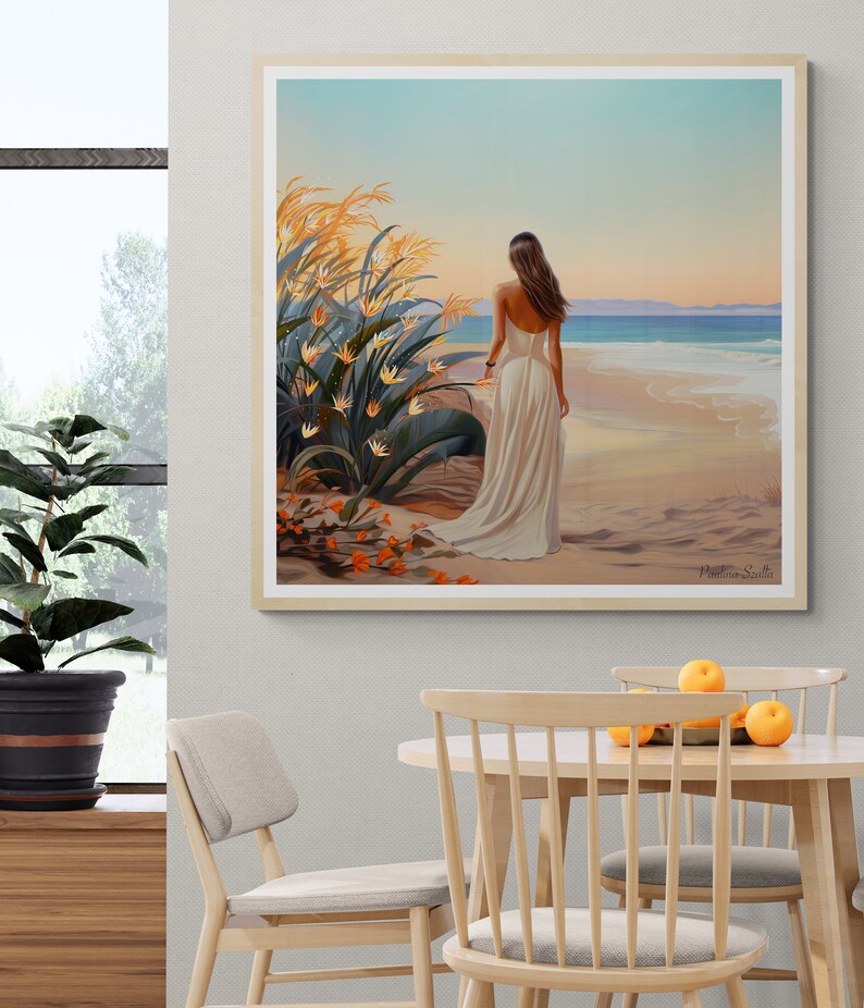 May include: A painting of a woman in a white dress standing on a beach with her back to the viewer. She is looking out at the ocean. There are orange flowers in the foreground and a blue sky in the background. The painting is signed "Pauline Stella".