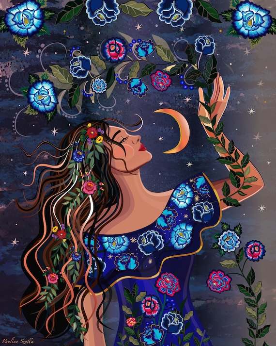 Flowers in the moonglow | stars and moon hair art | colorful print | celestial portrait | cosmic art | zodiac print