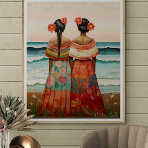 Listen to the sea- mexico latin spanish women with folklore dress,Nature Inspired Home Wall Decor,Latin American Wall Art, Folklore Wall Art