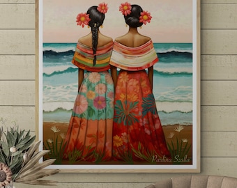 May include: Two women in colorful dresses stand side-by-side on a beach, looking out at the ocean. They are wearing floral headbands and have long, dark hair. The ocean is a vibrant blue, and the sky is a soft pink. The painting is signed "Paulina Szalla" in the bottom right corner.