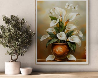 May include: A framed painting featuring white calla lilies in an orange vase, with green foliage and white butterflies. The artwork is set against a warm background and displayed on a wooden surface.