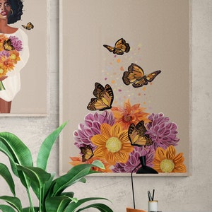 Puede incluir: Una impresi&oacute;n de arte digital que presenta un ramo de flores naranjas y moradas con mariposas volando a su alrededor. El fondo es de color marr&oacute;n claro.
