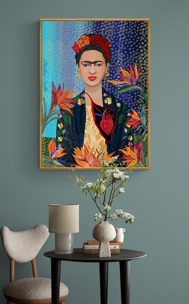 May include: A colorful painting of Frida Kahlo with a heart exposed from her chest. The background is a blue and green abstract pattern with orange flowers.