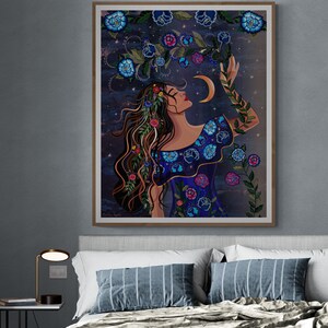 May include: A woman with long brown hair adorned with flowers reaches up towards a crescent moon in a night sky filled with stars. She wears a blue dress with floral embroidery and a floral crown. The artwork is painted in a vibrant, colorful style.