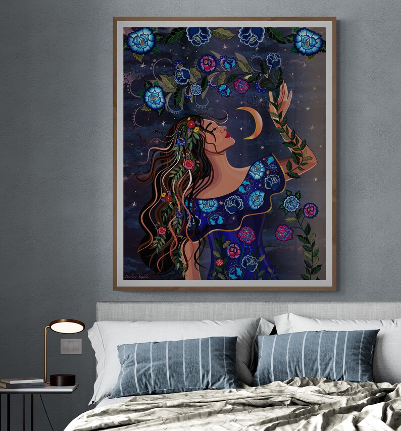 May include: A woman with long brown hair adorned with flowers reaches up towards a crescent moon in a night sky filled with stars. She wears a blue dress with floral embroidery and a floral crown. The artwork is painted in a vibrant, colorful style.