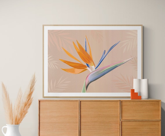 Flower botanical Art Print,Minimal Wall Art Bird of paradise Wall Hanging poster,Boho Decor,Natural Botanical Print,Tropical OrangePrintable